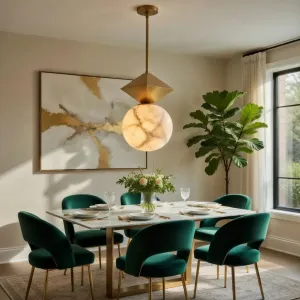 Lampada a Sospensione di Lusso con Globo Geometrico in Alabastro e Finitura in Ottone Spazzolato Vista lifestyle di Luxury Group International