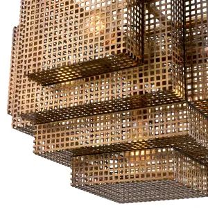 Luxury Geometric Ceiling Light in Antique Gold Brass Finish with Grid Cage Glow Detail View by Luxury Group International