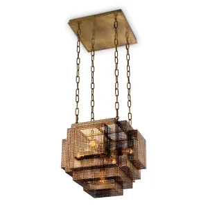 Luxury Geometric Ceiling Light in Antique Gold Brass Finish with Grid Cage Glow Front View by Luxury Group International