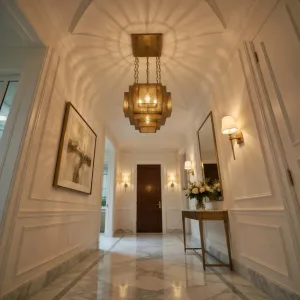 Luxury Geometric Ceiling Light in Antique Gold Brass Finish with Grid Cage Glow Lifestyle View by Luxury Group International