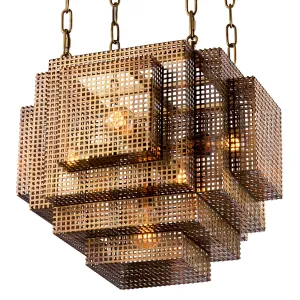 Luxury Geometric Ceiling Light in Antique Gold Brass Finish with Grid Cage Glow Side View by Luxury Group International
