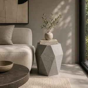 Luxury Geometric Concrete Side Table with Faceted Sculptural Design Lifestyle View by Luxury Group International