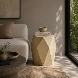 Luxury Geometric Concrete Side Table with Faceted Sculptural Design Lifestyle View by Luxury Group International