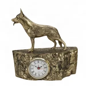 Luxury German Shepherd Bronze Alarm Clock with Textured Rock Base in Golden Finish Front View by Luxury Group International