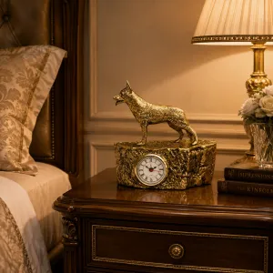 Luxury German Shepherd Bronze Alarm Clock with Textured Rock Base in Golden Finish Lifestyle View by Luxury Group International