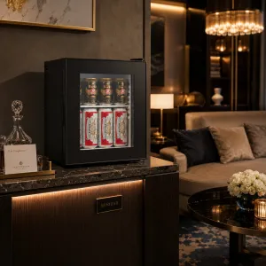 Luxury Glass Door Mini Bar Cabinet with Energy-Efficient Thermoelectric Cooling System - 28 Litre Lifestyle View by Luxury Group International