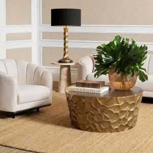 Luxury Gold Hammered Metal Round Coffee Table with Sculptural Base - Luxury Coffee Table Lifestyle View by Luxury Group International