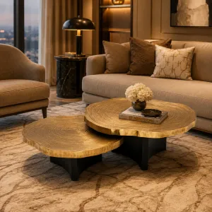 Luxury Gold Nesting Coffee Table Set of 2 with Black Sculptural Bases - Luxury Hotel Furniture Lifestyle View by Luxury Group International