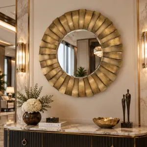 Luxury Golden Round Sunburst Wall Mirror with Sculptural Metal Frame - Luxury Hotel Furniture Lifestyle View by Luxury Group International