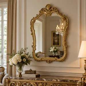 Luxury Golden Baroque Wall Mirror with Fluted Shell Crest and Pierced Scrollwork Lifestyle View by Luxury Group International