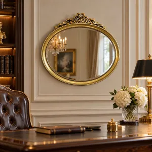 Luxury Golden Baroque Wall Mirror with Wide Oval Frame and Pierced Scroll Crest Lifestyle View by Luxury Group International