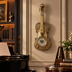 Luxury Golden Bronze Baroque Wall Clock with Guitar-Shaped Frame and Thermometer Lifestyle View by Luxury Group International