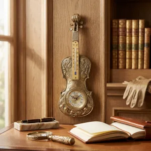Luxury Golden Bronze Baroque Wall Clock with Guitar-Shaped Frame and Thermometer Lifestyle View by Luxury Group International