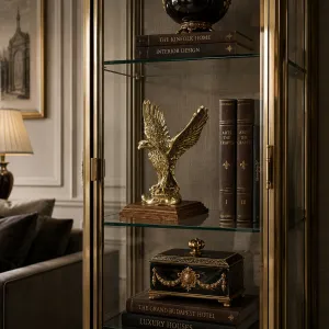 Escultura de Águila de Bronce Dorado de Lujo con Alas Elevadas sobre Base de Madera Vista lifestyle por Luxury Group International