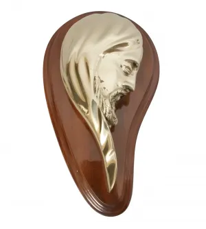 Luxury Golden Bronze Face of Jesus Christ Wall Sculpture on Polished Wooden Plaque Front View by Luxury Group International