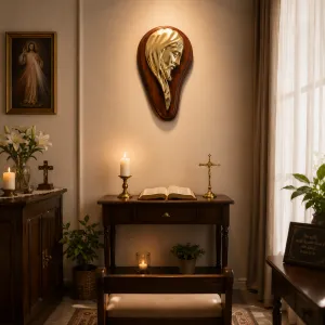Luxury Golden Bronze Face of Jesus Christ Wall Sculpture on Polished Wooden Plaque Lifestyle View by Luxury Group International