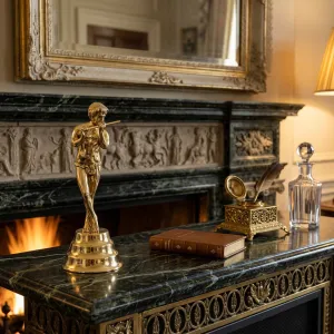 Luxury Golden Bronze Flute Player Sculpture on Tiered Pedestal Lifestyle View by Luxury Group International