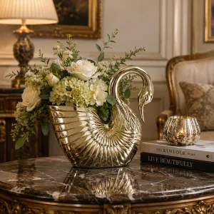 Luxury Golden Bronze Swan Shell Flower Vase with Sculpted Feather Detailing - Luxury Vases Lifestyle View by Luxury Group International