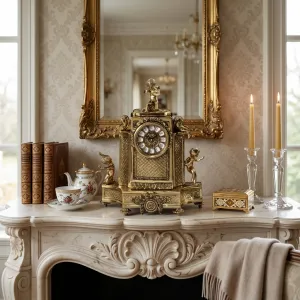 Reloj de Mesa de Bronce Dorado de Lujo con Figuras de Ángeles y Base Arquitectónica Ornamental Barroca Vista lifestyle por Luxury Group International