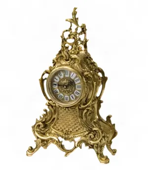 Luxury Golden Bronze Table Clock with Baroque Foliate Crest and Ornate Scrollwork Design Front View by Luxury Group International