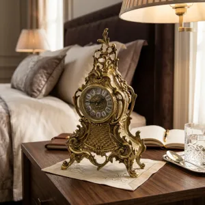 Luxury Golden Bronze Table Clock with Baroque Foliate Crest and Ornate Scrollwork Design Lifestyle View by Luxury Group International