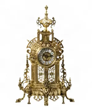 Luxury Golden Bronze Table Clock with Baroque Pierced Arch and Urn Finial Front View by Luxury Group International