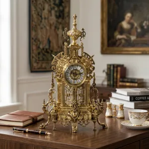 Luxus Goldene Bronze Tischuhr mit Barockem Durchbrochenem Bogen und Urnenaufsatz Lifestyle-Ansicht von Luxury Group International