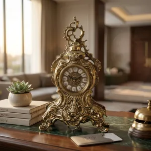 Reloj de Mesa de Bronce Dorado de Lujo con Escudo Barroco Calado y Adornos Ornamentales Vista lifestyle por Luxury Group International