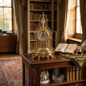 Horloge de Table de Luxe en Bronze Doré avec Flèche Ananas et Cadre Ajouré Baroque Ornemental Vue lifestyle par Luxury Group International