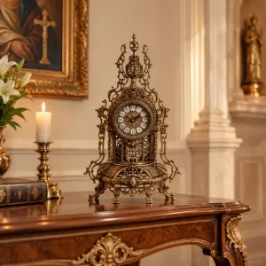 Horloge de Table de Luxe en Bronze Doré avec Flèche Ananas et Cadre Ajouré Baroque Ornemental Vue lifestyle par Luxury Group International