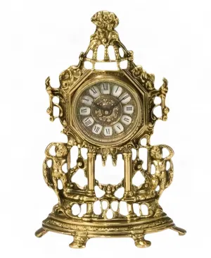 Reloj de Mesa de Bronce Dorado de Lujo con Ángeles Gemelos y Marco Abierto Barroco Ornamental Vista frontal por Luxury Group International