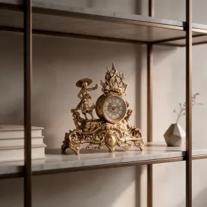 Reloj de Mesa de Bronce Dorado de Lujo con Figura Vendimia y Base Barroca Escultural Ornamental Vista lifestyle por Luxury Group International