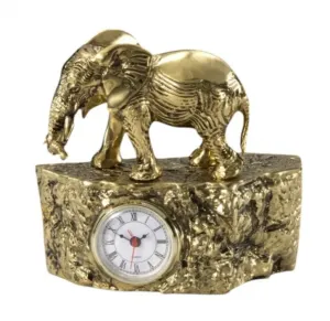 Luxury Golden Elephant Bronze Alarm Clock with Textured Base - Luxury Bronze Sculpture Front View by Luxury Group International