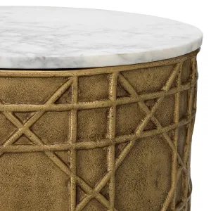 Luxury Golden Round Side Table with White Marble Top & Geometric Base – 49 cm -Luxury Hotel Furniture Detail View by Luxury Group International