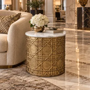 Luxury Golden Round Side Table with White Marble Top & Geometric Base – 49 cm -Luxury Hotel Furniture Lifestyle View by Luxury Group International