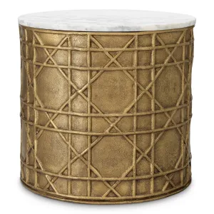Luxury Golden Round Side Table with White Marble Top & Geometric Base – 49 cm -Luxury Hotel Furniture Side View by Luxury Group International