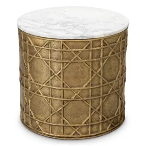 Luxury Golden Round Side Table with White Marble Top & Geometric Base – 49 cm -Luxury Hotel Furniture Side View by Luxury Group International