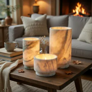 Ensemble de 3 Porte-Bougies Chauffe-Plat en Onyx Vert de Luxe – Décorations Élégantes Vue lifestyle par Luxury Group International