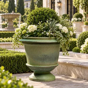 Macetero de Jardín de Pedestal con Pátina Verde de Lujo y Diseño de Borde en Capas Vista lifestyle por Luxury Group International