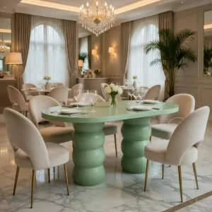 Luxury Green Sculptural Oval Dining Table for Modern Designer Interiors Lifestyle View by Luxury Group International