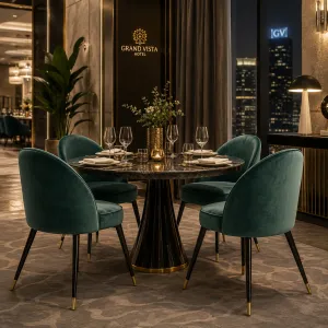 Ensemble de 2 Chaises de Salle à Manger Luxueuses Vertes avec Pieds Métalliques Noirs et Dorés - Mobilier de Luxe pour Hôtels Vue lifestyle par Luxury Group International