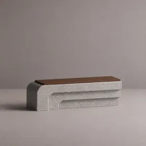 Luxury Grey Concrete Outdoor Bench with Dark Wood Seat - Luxury Hotel Furniture Front View by Luxury Group International