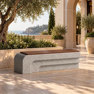 Luxury Grey Concrete Outdoor Bench with Dark Wood Seat - Luxury Hotel Furniture Lifestyle View by Luxury Group International