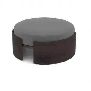Luxury Grey Upholstered Stool with Dark Brown Wooden Base - Ø90 Front View by Luxury Group International