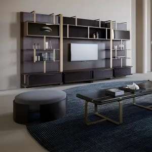 Luxury Grey Upholstered Stool with Dark Brown Wooden Base - Ø90 Lifestyle View by Luxury Group International