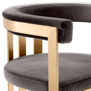 Luxury Grey Velvet Dining Chair with Curved Backrest and Golden Metal Frame Detail View by Luxury Group International