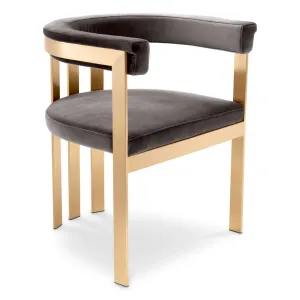 Luxury Grey Velvet Dining Chair with Curved Backrest and Golden Metal Frame Front View by Luxury Group International