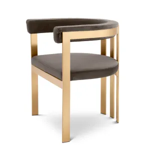 Luxury Grey Velvet Dining Chair with Curved Backrest and Golden Metal Frame Side View by Luxury Group International