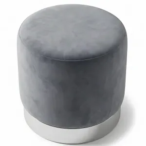 Luxury Grey Velvet Round Stool with Polished Silver Base - Luxury Stool Front View by Luxury Group International
