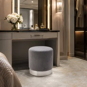 Luxury Grey Velvet Round Stool with Polished Silver Base - Luxury Stool Lifestyle View by Luxury Group International